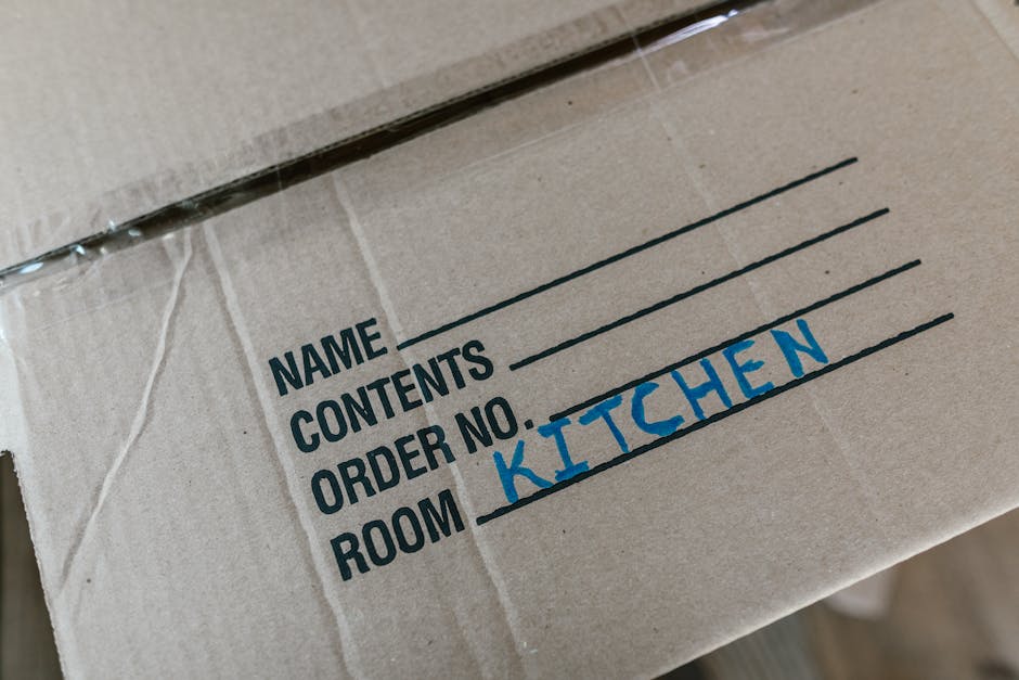 A person wearing a cardboard box around their upper body, with their arms visible, is seen inside a room, likely preparing for a home relocation or furniture transport. The person is holding the outsi